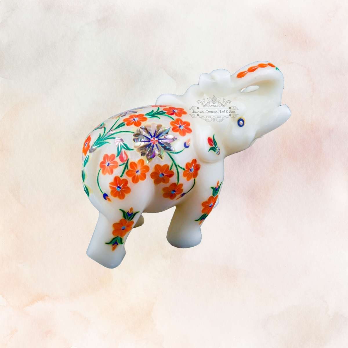 Orange Flower Designed Marble Elephant